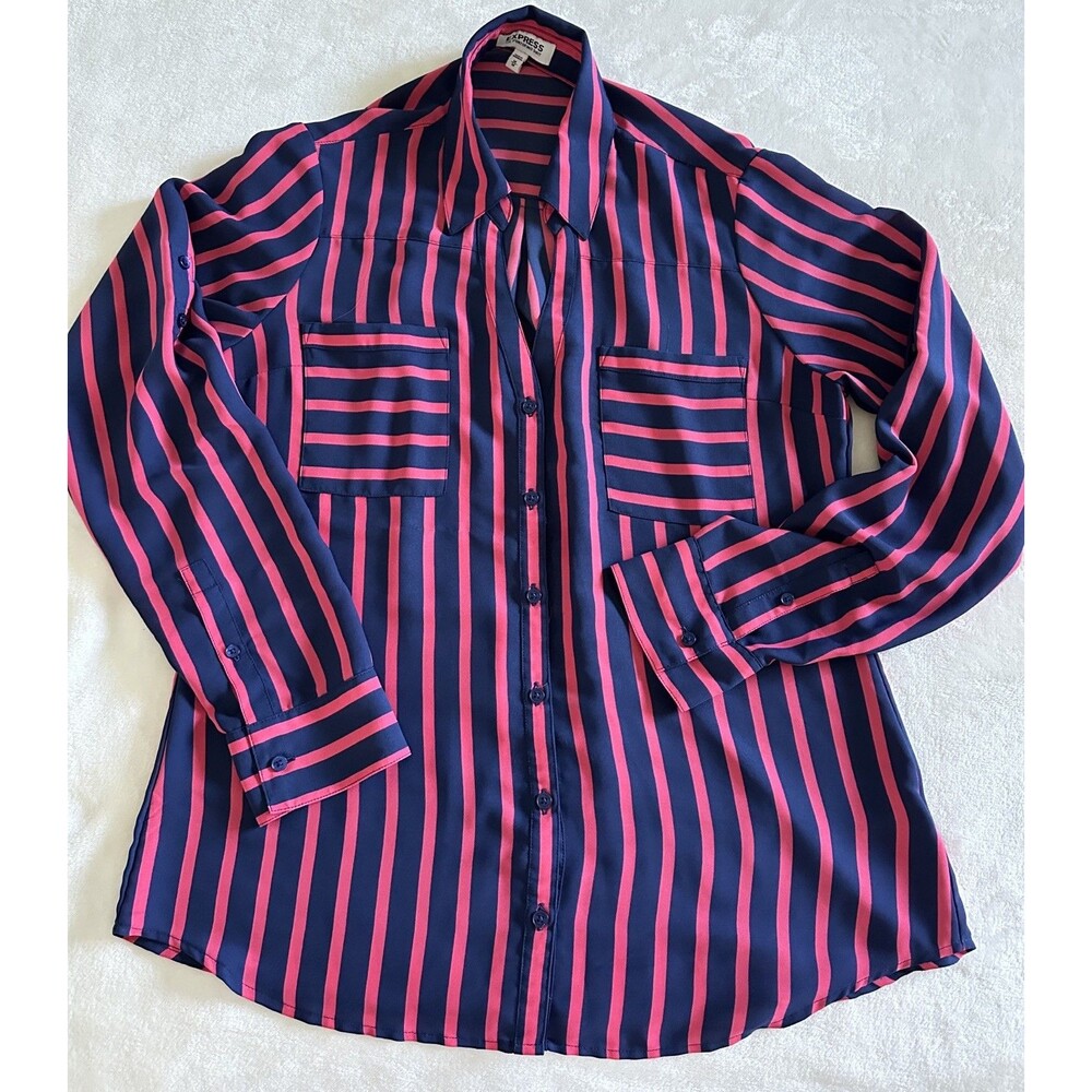 Express The Portofino Shirt Womens Navy Blue Pink Striped Blouse Roll Tab - Med - Picture 3 of 6